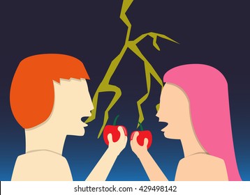Adam and eve with apple and lightning in flat