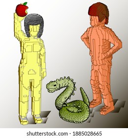 Adam und sogar Apfelschlange Parabel Geschichte voxel Kunstwürfel Grafik Vektorgrafik