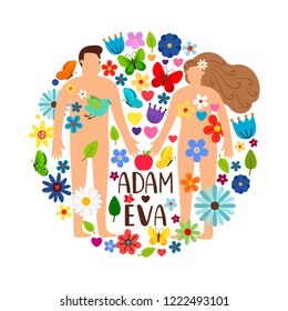 Adam and Eve. Bible genesis vector illustration with naked woman, man and apple, temptation or adamant story in floral garden