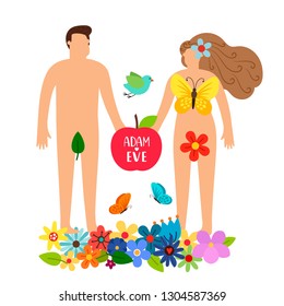 Adam and eve. Bible genesis vector illustration with naked woman, man, flowers and apple. Adam and eve in colored garden