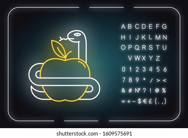 Adam and Eve Bible story neon light icon. Forbidden fruit. Snake and apple. Religious legends. Biblical narratives. Glowing sign with alphabet, numbers and symbols. Vector isolated illustration