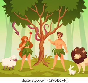 Adam and eve. Bible story scene first man and woman in garden eden, knowledge good and evil, snake of temptation and apple. Couple stand under tree. Religion scene vector cartoon concept