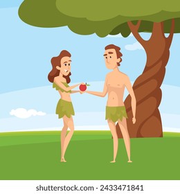 Adam and eve. Cartoon background with authentic christian holy bible characters