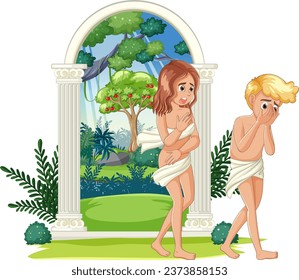 Los personajes de caricatura de Adam y Eve se enfrentan a la vergüenza y al exilio del Jardín del Edén en esta historia religiosa