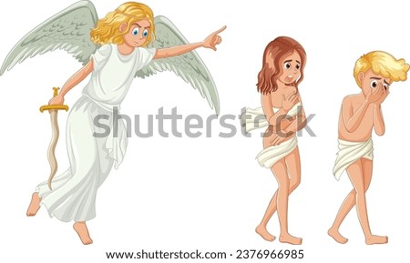 Adam and Eve, characters from the biblical story, are banished from the Garden of Eden by an angel in this vector cartoon illustration