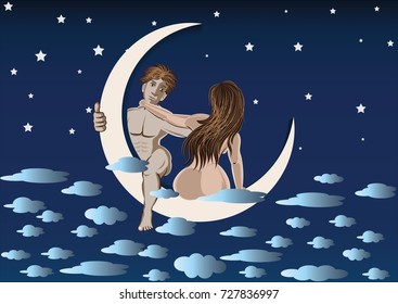 Adam and Eve characters sitting on the half moon,Silhouettes of naked couple, Vector flat cartoon illustration.