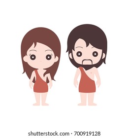 Adam and eve clothes with garments of skin in genesis, character of Neanderthal male and female in prehistorical illustration, flat design vector