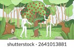 Adam and Eve in Eden garden near good evil knowledge tree flat illustration. Bible story. Forbidden fruit temptation serpent 2D bible characters cartoon background. Colorful scene vector art image