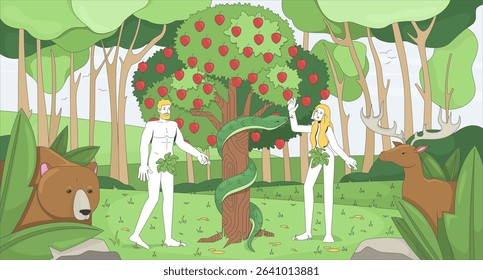 Adam and Eve in Eden garden near good evil knowledge tree flat illustration. Bible story. Forbidden fruit temptation serpent 2D bible characters cartoon background. Colorful scene vector art image