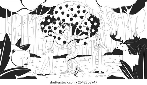 Adam and Eve in Eden garden near good evil knowledge tree line illustration. Bible story. Forbidden fruit temptation serpent 2D ink linear bible characters monochrome. Flat outline vector image