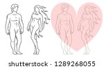 Adam and Eve flat vector illustration. Male and female body set. Antique legendary greek powerful gods of love.
