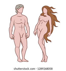 Adam and Eve flat vector illustration. Male and female body set. Antique legendary greek powerful gods of love.
