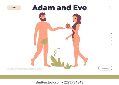 Adam and Eve landing page design template, forbidden apple fruit concept for website banner