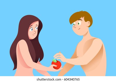 Adam and Eve on blue background. Composition with the characters. The Woman gives the man an apple.