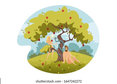 Adam and Eve, original sin, Bible concept. Eve temptated by snake satan, bites apple from tree of life and falls into sin. Biblical illustration of Adam and Eves original sin in cartoon style.