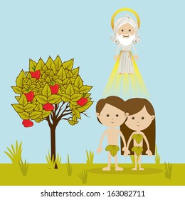 adam and eve over landscape background vector illustration