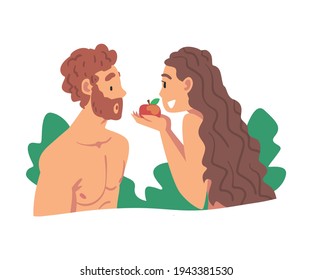 Adam and Eve Partaking Forbidden Fruit as Narrative from Bible Vector Illustration