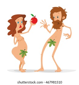 Adam And Eve With A Red Apple Cartoon Illustration