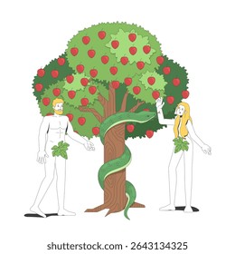 Adam and Eve with serpent at tree of knowledge 2D cartoon bible characters. Biblical people, snake coiled around appletree trunk flat vector people isolated on white. Spot illustration colorful
