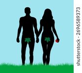 Adam and Eve silhouettes. Eve keeps the forbidden apple fruit in her hand