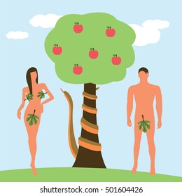 Adam And Eve With A Snake And A Big Apple Tree Illustration Isolated In A Light Blue Background