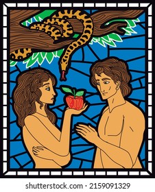 adam and eve and  the snake taking apples in eden garden stained glass