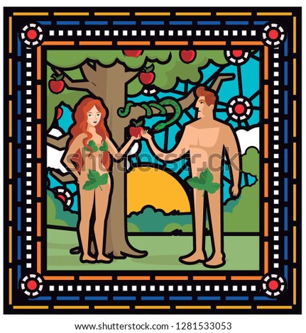 adam and eve and  the snake taking apples in eden garden stained glass