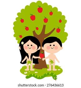 Adam, Eve And The Snake Under An Apple Tree In The Garden Of Eden. Vector Illustration
