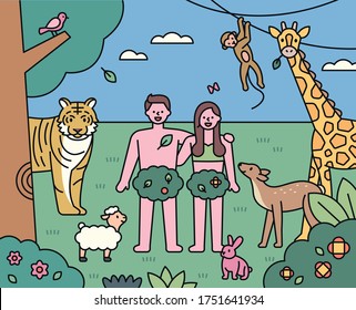 Adam and Eve stand in the garden of Eden. There are animals around. flat design style minimal vector illustration.