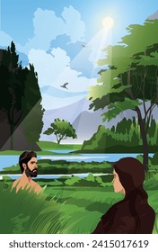 Adán y Eva se paran en el jardín del Edén. Ilustración del primer hombre y la primera mujer. Serie de ilustraciones bíblicas vectoriales.	