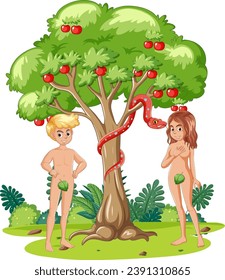 Adam und Eve stehen unter einem Baum mit Früchten und einer Schlange im Garten Eden