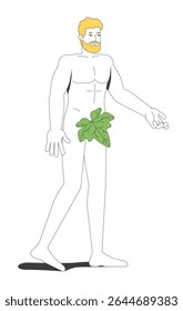 Adão com folha de figo de Eden jardim 2D personagem de bíblia de desenho animado. Mito da criação. Homem inocente. Origem humana. Homem bíblico barbudo pessoa vetor plana isolado no branco. Ilustração especial colorida