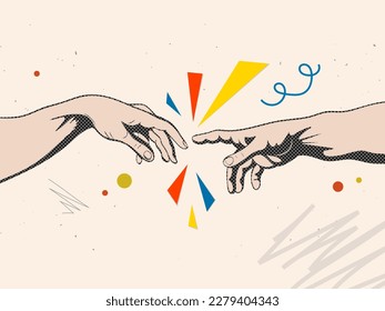 Adam and God hands in a modern collage style. Vector illustration