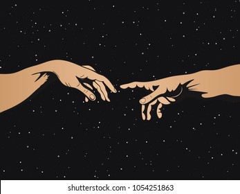 Adam and God hands on space background. Vector illustration
