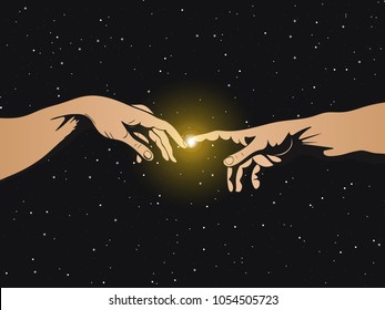 Adam and God hands on space background. Vector illustration
