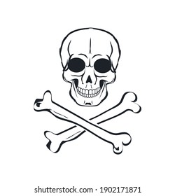 Adam head with two cross-laying bone below symbolic depiction. Victory handing and death protecting biker sign flat vector illustration on white.