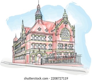 Escuela Secundaria Adam Mickiewicz III. Edificio histórico de la tercera escuela secundaria general, ubicado en la calle Adama Mickiewicza 11 de Katowice. Acuarela, ilustración vectorial. katowice, Polonia