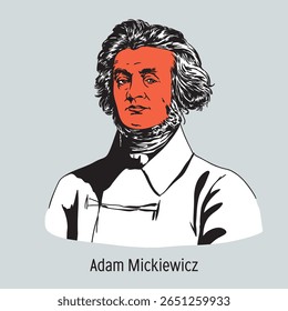 Adam Mickiewicz foi um escritor, poeta e tradutor polonês, dramaturgo, professor, publicista político e figura no movimento nacional polonês. Ilustração de vetor desenhada à mão