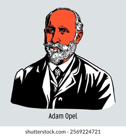 Adam Opel is a German businessman, founder of a company engaged in the production of cars. Vector illustration, hand drawn