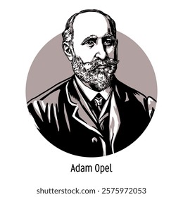 Adam Opel is a German businessman, founder of a company engaged in the production of cars. Hand-drawn vector illustration