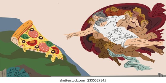 Adam. Painting reproduction. God made pizza.  Divine food. Fast food advertisement. Print on clothes. Vector illustration. It's delicious to cook. Cheese stretches on pizza