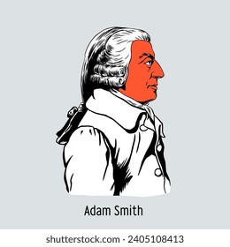 Adam Smith es un economista y ético escocés considerado el fundador de la economía política clásica. Ilustración vectorial dibujada por mano