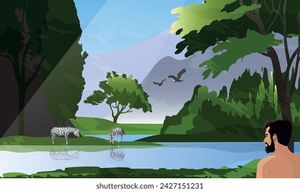 Adam stand in the garden of Eden. There are different animals in the background.  Illustration of first man. Biblical vector illustration series. 