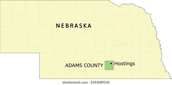 Adams County and city of Hastings location on Nebraska state map