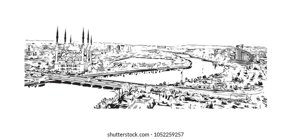 Adana is a major city in southern Turkey. Hand drawn sketch illustration in vector.