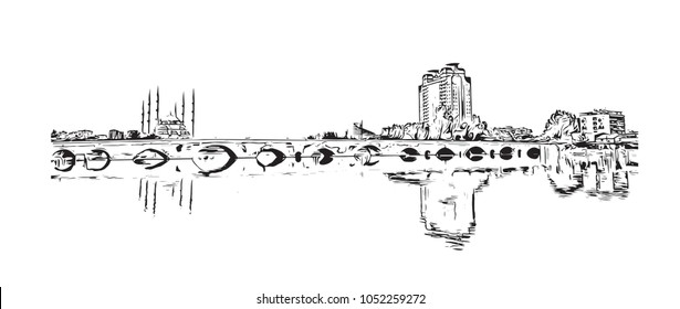 Adana is a major city in southern Turkey. Hand drawn sketch illustration in vector.