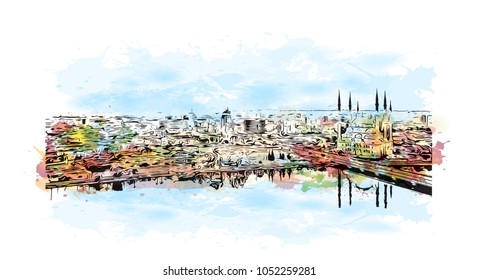 Adana is a major city in southern Turkey. Watercolor splash with Hand drawn sketch illustration in vector.