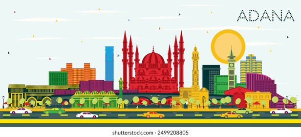 Adana Turkey City Skyline with Color Buildings and Blue Sky. Vector Illustration. Business Travel and Concept with Historic Architecture. Adana Cityscape with Landmarks. 