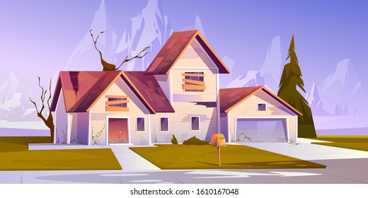Adandoned old house with broken roof and boarded up windows. Vector cartoon illustration of derelict dilapidated home, forgotten ramshackle building on mountains landscape