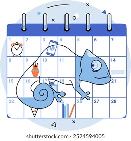Anpassungsfähigkeit. Ein blaues Chamäleon läuft auf einem Kalender, was Flexibilität bei der Planung anzeigt. Ideal für Zeitmanagement, Anpassungsfähigkeit, Terminplanung, Produktivität und Organisation. Sauber, modern